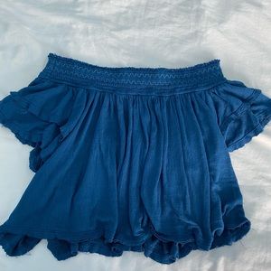 Deep Blue Frilly Cropped Off-The-Shoulder Top